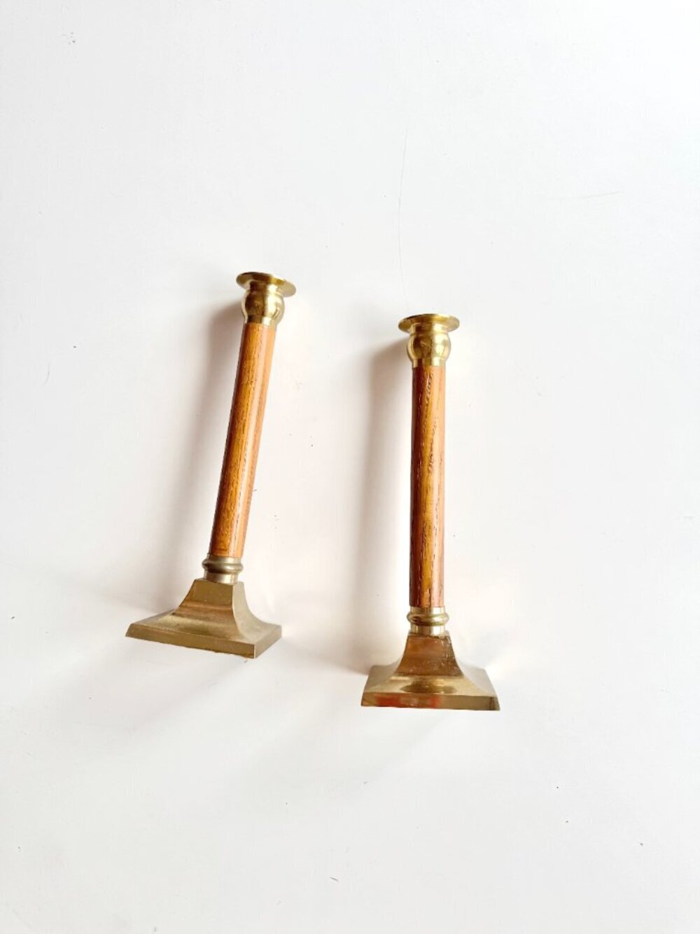 Pair of 2 Vintage Brass Wood 9.25" Candle Stick Holders